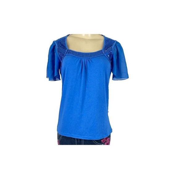 Once Again M Blue Square Neckline Sequin Accent Mesh Short Sleeve Top - Picture 2 of 6